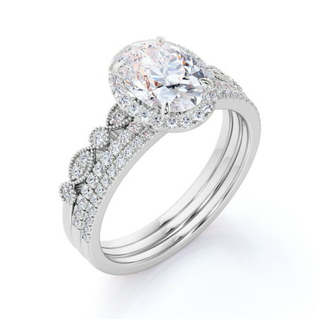 Unique 1.5 Carat Real Moissanite Wedding Trio Ring Set with Engagement Ring and 2 Wedding Bands in 18k Gold Over Silver