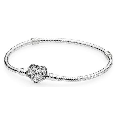 Pandora Moments Women's Sterling Silver Snake Chain Charm Bracelet with Pave Heart Clasp, 19 cm
