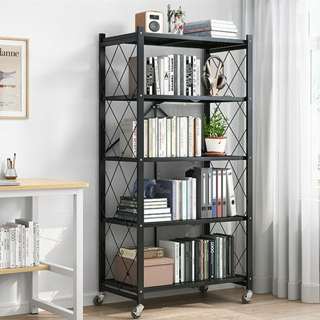 COOKCOK 5-Tier Storage Shelving Unit,Heavy Duty Metal Shelf 28.03"x12.2"x62.5,Foldable Storage Shelf with Wheels,Garage Shelf,Metal Storage Rack,Kitchen Shelf,No Assemble Required,1250lbs CapacityBlack-5Tier,