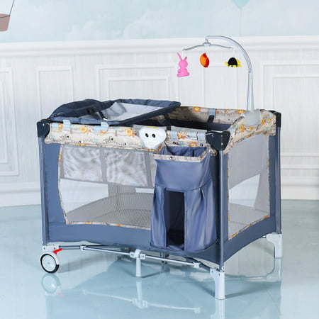 Costway Foldable Baby Crib Playpen Playard Pack Travel Infant Bassinet Bed Music Gray