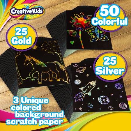 Creative Kids Rainbow Scratch Paper Craft Set - 185 Pieces Scratch Paper Art Kit - Black Scratch Off Pad - Magic Scratchboard Sheets, Stencils - Great Family Activity - Gift for Girls and Boys 4+