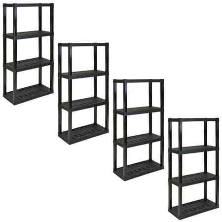 Hyper Tough 56" H x 14" D x 30" W 4 Shelf Plastic Garage Shelves, Pack of 4 Storage Shelving Units, Black 400 lbs Capacity