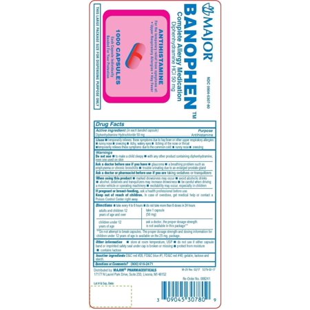 Major Banophen Antihistamine Diphenhydramine HCl Allergy Medication, 50 mg Caplet, 100/Bottle