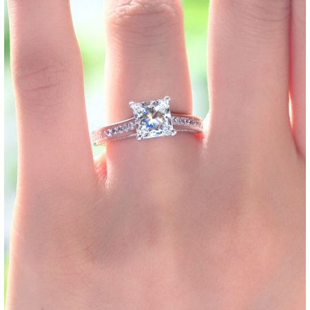 1.25 Carat Princess Cut Moissanite Engagement Ring - Bridal Set - Pave Ring - Promise Ring - 18k White Gold Over Silver, 7