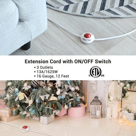 DEWENWILS 12ft Flat Plug Indoor Extension Cord with Step on Switch for Christmas Tree Decoration Lights,2 Prong 3 Outlets,White