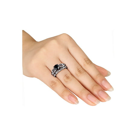 1.39 Carat (Ctw) Black Diamond Engagement Ring and Wedding Band Set in 10K White Gold