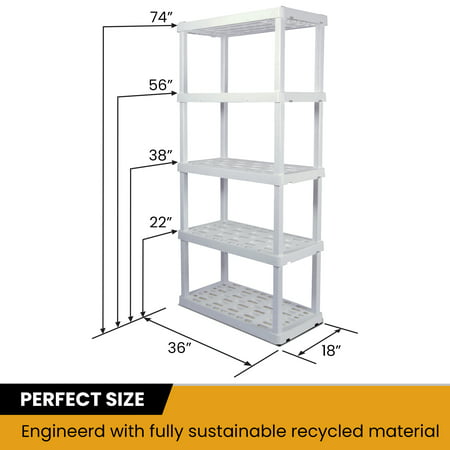 Hyper Tough 74" H x 18" D x 36" W 5 Shelf Plastic Garage Shelves, Storage Shelving Unit, White 750 lbs Capacity