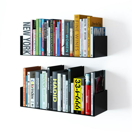 Wallniture Bali 17" Floating Shelves for Wall U Shaped Metal Bookcase Wall Mount DVD Shelf, Black, Set of 2Black,