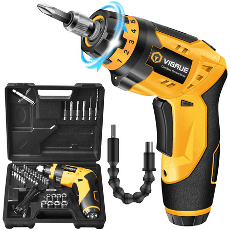 VIGRUE Cordless Screwdriver, 4V MAX 2000mAh Li-ion, with 45 Free Accessories, Battery Indicator, 7 Torque Setting, 2 Position Handle with LED Light, Flexible Shaft (Yellow), Yellow