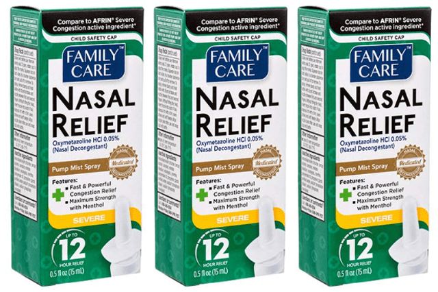 Family Care Nasal Relief Spray, 12 Hour Pump Mist, 0.5 fl. Oz., Severe Congestion, Oxymetazoline HCI Nasal Decongestant Menthol, Compare to Afrin Original Nasal Spray-3 Pack