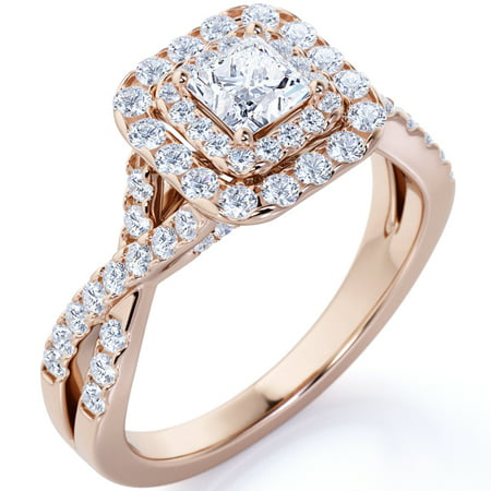 Elegant 1 Carat - Square Cut Moissanite - Twisted Band - Pave - Double Halo Engagement Ring - 18K Rose Gold over SilverRose,