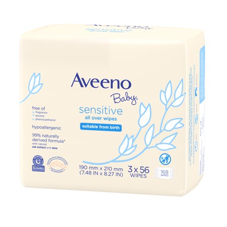 Aveeno Baby Sensitive All Over Aloe Baby Wipes, 3 Resaleable Packs (168 Total Wipes)