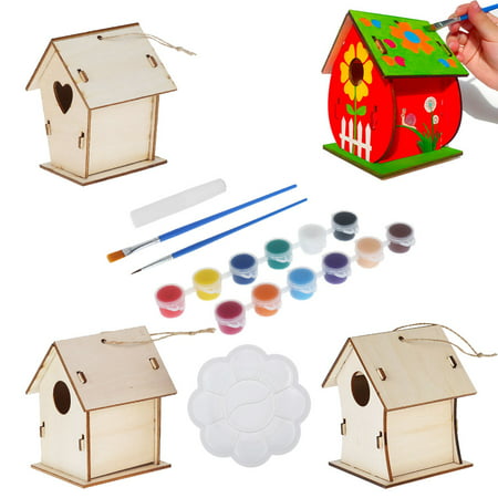 Miuline 4 Pack DIY Wooden Bird House Kit Unfinished Hanging Bird House For Kids To Build And Paint, Wooden Arts And Crafts With 12 Pigment, 2 Brushes And 1 Palette, 4PCS