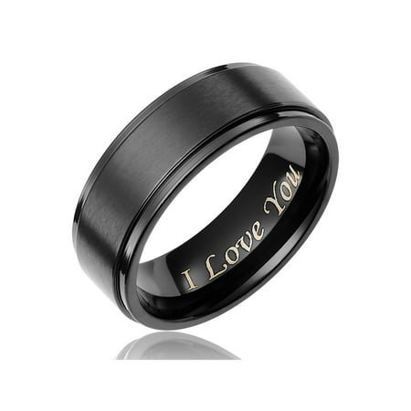 Cavalier Jewelers Mens Wedding Band in Titanium 8MM Black Plated Ring - Engraved I Love You, 7