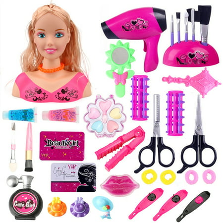 ADVEN Makeup Pretend Playset for Children Hairdressing Styling Head Doll Hairstyle Toy Gift with Hair Dryer for Kids GirlsType 1,