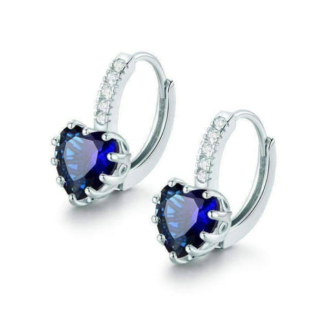 18K White Gold Plated Heart Shaped Midnight Blue Diamond CZ Solitaire Hoop Earrings For WomanMidnight Blue,