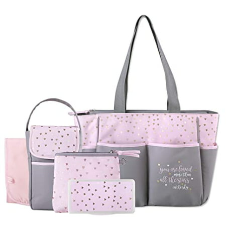 Baby Essential, Diaper Bag Tote 5 Piece Set with Sun, Moon, and Stars, Wipes Pocket, Dirty Diaper Pouch, Changing Pad - Grey/PinkPink,
