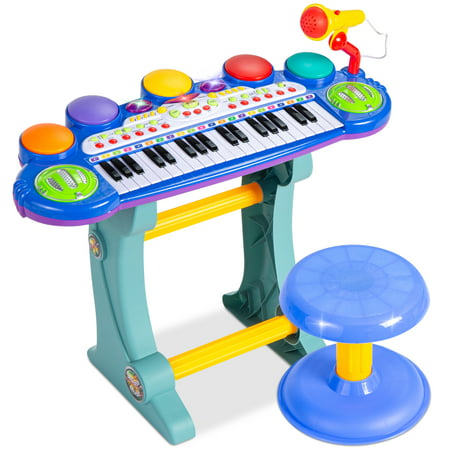 Best Choice Products 37-Key Kids Electronic Piano Keyboard w/ Multiple Sounds, Lights Microphone, Stool - BlueBlue,