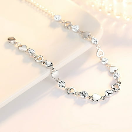 Willstar Crystal Heart Charm Bracelet Fashion Heart Link Bracelet Gift for Women & Girls-Silver