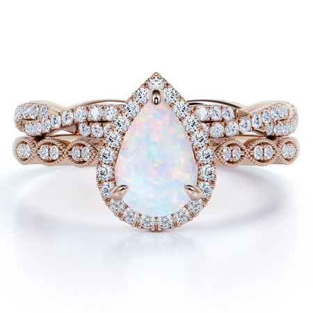 1.1 ct Pear Shaped Fire Opal and Moissanite Vintage Wedding Ring Set in 18K Rose Gold over SilverRose,
