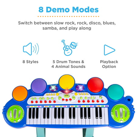 Best Choice Products 37-Key Kids Electronic Piano Keyboard w/ Multiple Sounds, Lights Microphone, Stool - BlueBlue,