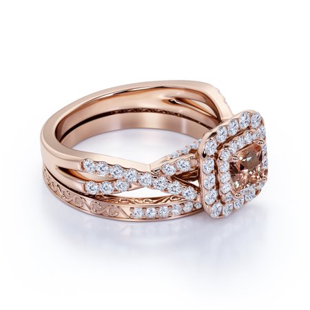 1.5 Carat Princess Cut created morganite Wedding Set - Bridal Set - Wedding Trio Set - Infinity Ring- 18k Rose Gold Over Silver, 7