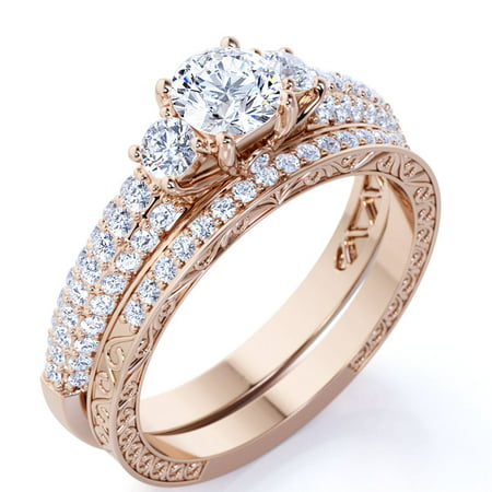 1.25 ct - Round Real 3 Stone Diamond - Past Present Future Ring - Victorian - Vintage Wedding Ring Set - 10K Rose Gold, Rose Gold, 7