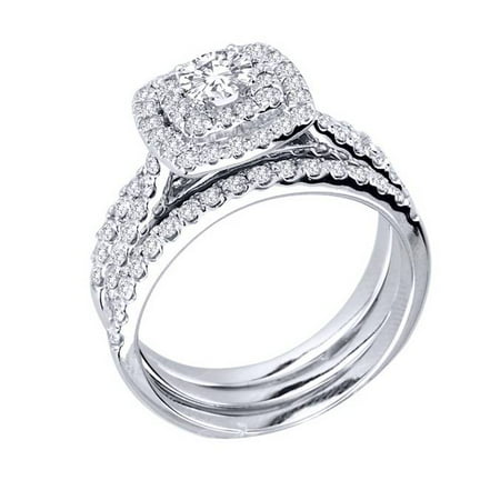Pompeii3 1 1/4ct Diamond Engagement Cushion Halo Wedding Ring Trio Set 10K White Gold, White Gold, 5