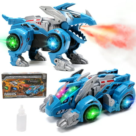 XAYAH Electric Dinosaur Car 2 in 1 Transforming Dinosaur Car Toys with Spray, LED Light & Music, Kids Toys for 3 4 5 6 7 8 Year Old Boys GirlsBlue,