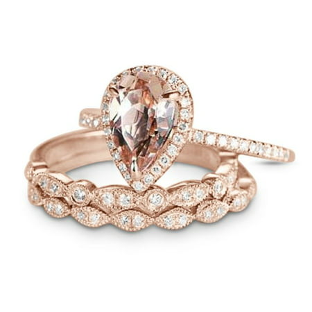 1.25 Carat Pear Cut created morganite and Moissanite Trio Wedding Ring Set in Rose Gold, 7