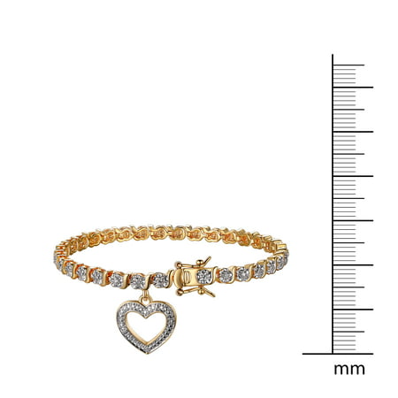 Forever Facets Women's 18K Yellow Gold Plated Diamond Accent Open Heart Charm Tennis Bracelet, 7.25"Gold,