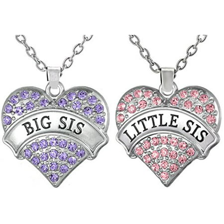 Stocking Stuffer Gifts, Big Sis & Lil Sis Heart Necklace Set, 2 Sister Necklaces, Big & Little Sisters Jewelry Set for Girls, Teens, Kids, Women (Purple Big Sis - Pink Little Sis)Purple/ Pink,