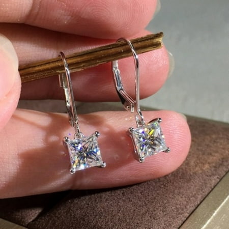 Besufy Women Earring,Princess Cut Cubic Zirconia Dangle Leverback Earrings Jewelry Gift Silver, Silver, S