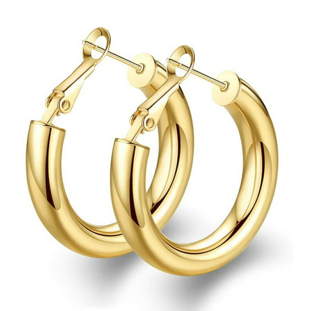 Wowshow Gold Hoop Earrings for Women, 14K Real Gold Plated Chunky Hoops for Girls Light weight Gifts 5mm 6mm Thick Hoop Earrings, 14K Gold Plating, 30 mm