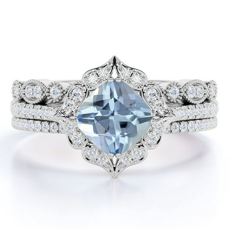 Art Deco 1.5 Carat Cushion Cut Created Aquamarine and Moissanite Trio Wedding Ring Set in 18k White Gold over Silver