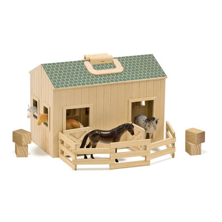 Melissa & Doug Fold and Go Wooden Horse Stable Dollhouse With Handle and Toy Horses (11 pcs)