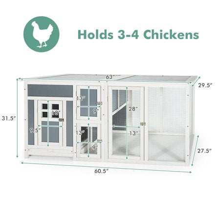 Gymax 63'' Large Chicken Coop Wooden Hutch with/ Run Box & PC Roof
