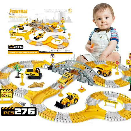 FANL Construction Race Tracks(276PCS), DIY Collage Flexible Track Toys Set, 2 Electric Construction Vehicles, Create A Engineering Road STEM