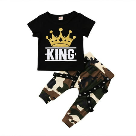 Newborn Kids Baby Boys Tops T-shirt Camo Pants Boys 2PCS Outfits Set Clothes 0-5Years, Black, 0-6 Months