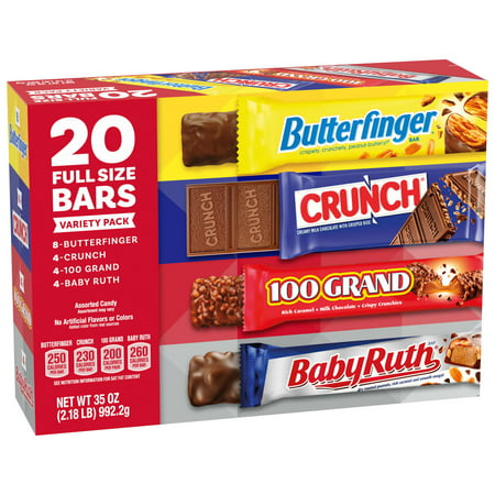 Butterfinger, CRUNCH, Baby Ruth and 100 Grand, Assorted Full Size Chocolate Candy Bars, Great Holiday Treats, 35 oz, Bulk 20 Pack