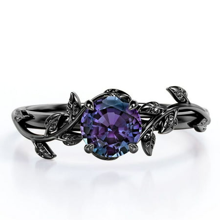 0.50 Carat - Round Cut Lab Created Alexandrite Ring - Leaf & Vine Engagement Ring - 18K Black Gold Plating Over SilverBlack,