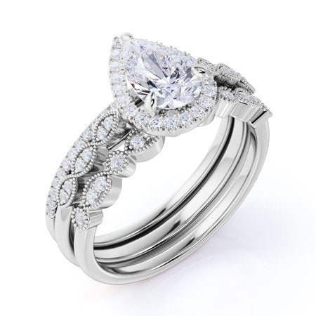 1.5 Carat pear cut Moissanite and Diamond Wedding Ring Trio Set in 10k White Gold