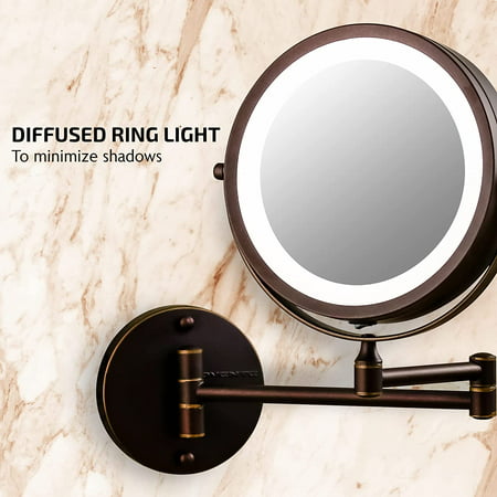 Ovente 7" Lighted Wall Mount Makeup Mirror, 1X & 10X Magnifier, Adjustable Double Sided Round LED, Extend, Retractable & Folding Arm, Compact & Cordless, Battery Powered Antique Bronze MFW70ABZ1X10X, Antique Bronze, 1X 10X