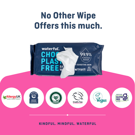 Waterful Plastic Free Baby Wipes, 99.9% purified water, certified vegan, biodegradable & fragrance free. Perfect for sensitive and newborn skin. Bulk Multipack - 9Packs of 60 Wipes = 540 Wet Wipes
