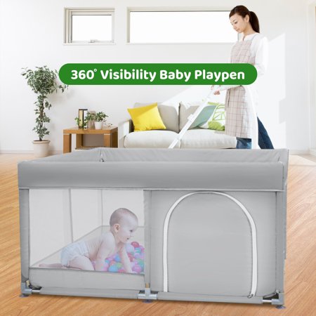 Baby Playpen, Extra Large Playard, Large Safety Play Center Yards, Kids Play Pen Activity with Super Soft Mesh, Sturdy Fence Play Area for Toddlers, 47x47x27 inch, Gray, 47" x 47"