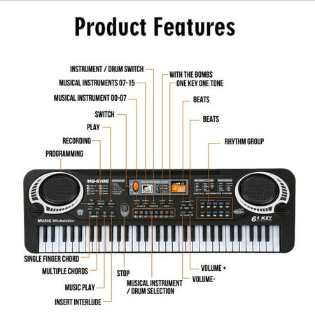 Maboto 61 Keys Digital Piano Keyboard, Kids Electronic Piano Toy with Microphone Education Musical Instrument Gift, BlackBlack,