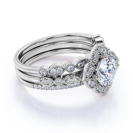 Unique 1.25 Carat Real Moissanite Wedding Trio Ring Set with Engagement Ring and 2 Wedding Bands in 18k Gold Over Silver