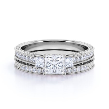 1.25 ct - Princess Cut Moissanite - Pave - Three Stone Ring - Victorian Style - Vintage Wedding Ring Set in 18K White Gold over Silver, 7