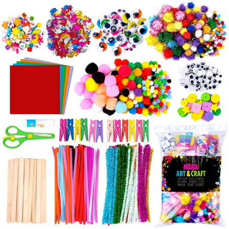 Pearoft 1200PCS Arts and Crafts Supplies for Kids Girls DIY Art Craft Kit for Kids Crafts Sets Including Colorful Origami, Pompon, Tops, Black Beads, Beaded, Sequins, Wooden Clips, Glue Sticks, etc.