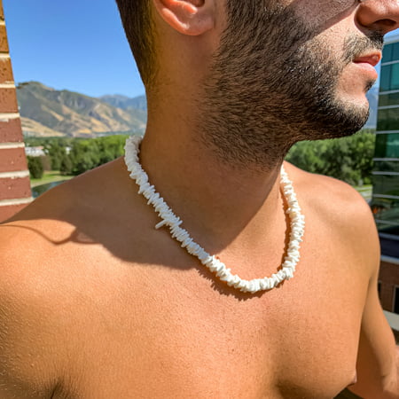 Fablinks 18" White Puka Shell Necklace for Men, Hawaiian Surfer Seashell Choker, 18"
